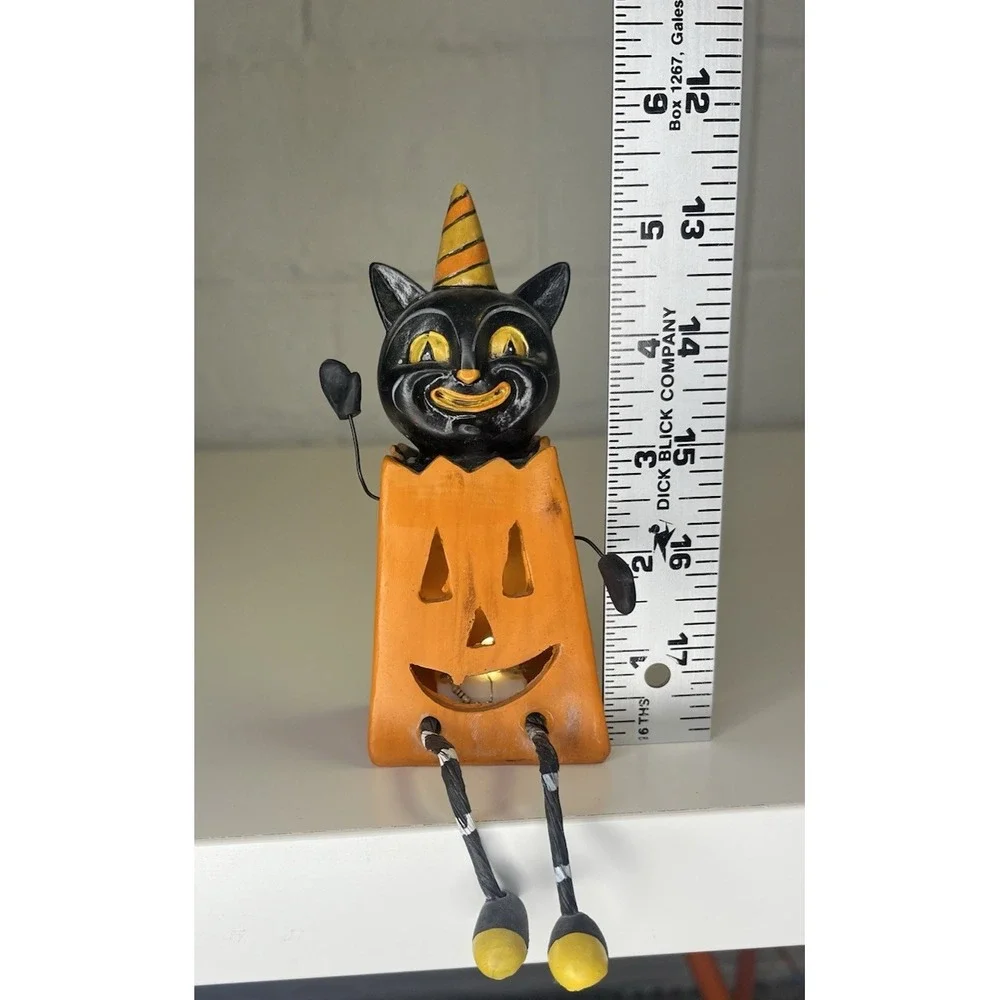 JOHANNA PARKER Retro Cat Pumpkin Shelf Sitter Light Up Treat Bag‎ jack o lantern